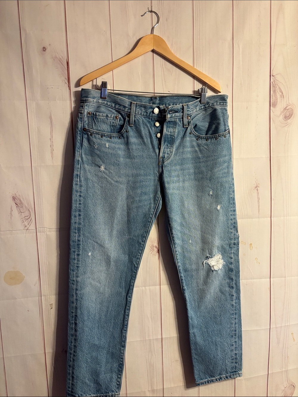 Levi's 501s Star Studded Light Blue Distressed Boyfriend Jeans | 30x28